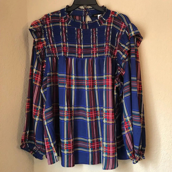 Sugarlips Plus Long Sleeve Mock Neck Navy Blue Plaid Top w/ Ruffle Details - Picture 1 of 9